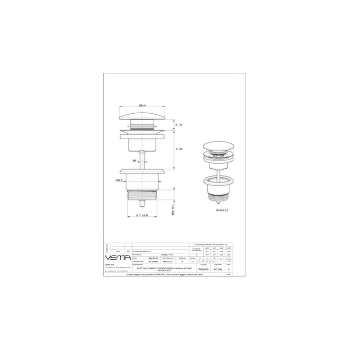 Vema Unslotted Push Button Waste - Unbeatable Bathrooms
