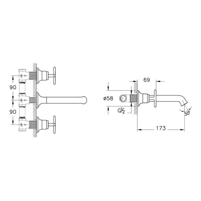 VitrA Origin Classic Wall Mounted 3-Hole Basin Mixer - Unbeatable Bathrooms