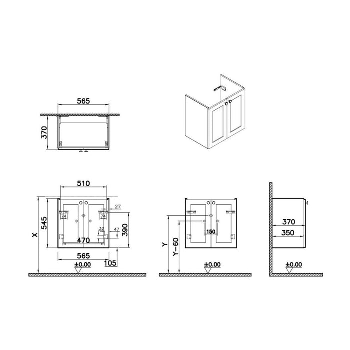 VitrA Root Classic 60cm 2 Door Wall Hung Slim Washbasin Unit - Unbeatable Bathrooms