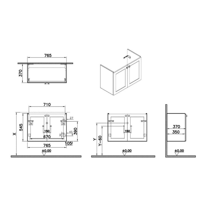 VitrA Root Classic 80cm 2 Door Wall Hung Slim Washbasin Unit - Unbeatable Bathrooms