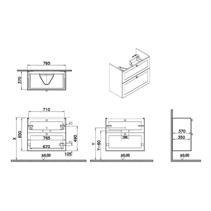 VitrA Root Classic 80cm 2 Drawer Slim Washbasin Unit - Unbeatable Bathrooms