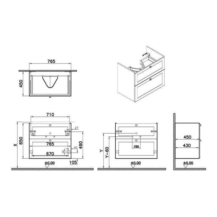 VitrA Root Classic 80cm 2 Drawer Washbasin Unit - Unbeatable Bathrooms
