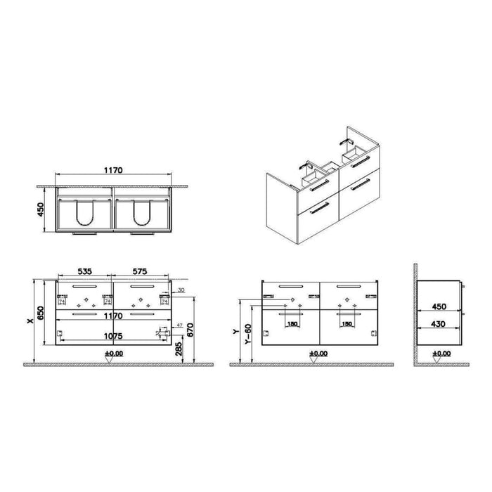 VitrA Root Flat 120cm 4 Drawer Washbasin Unit - Unbeatable Bathrooms