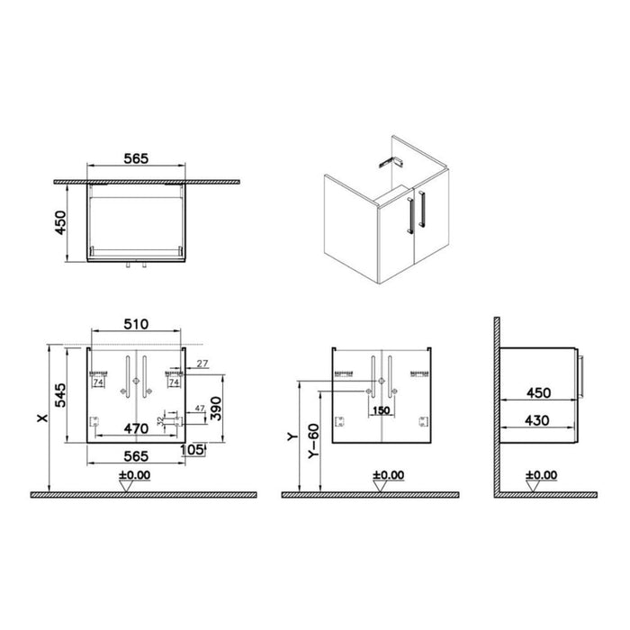 VitrA Root Flat 60cm 2 Door Wall Hung Washbasin Unit - Unbeatable Bathrooms