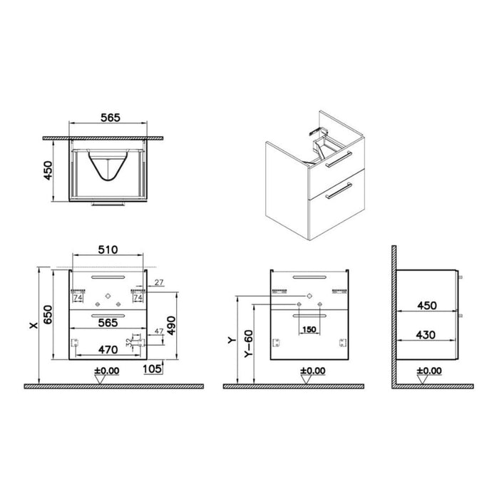 VitrA Root Flat 60cm 2 Drawer Washbasin Unit - Unbeatable Bathrooms