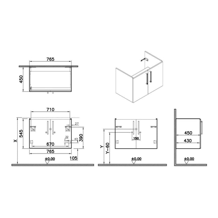 VitrA Root Flat 80cm 2 Door Wall Hung Washbasin Unit - Unbeatable Bathrooms
