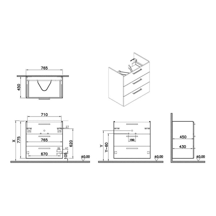 VitrA Root Flat 80cm 3 Drawer Washbasin Unit - Unbeatable Bathrooms