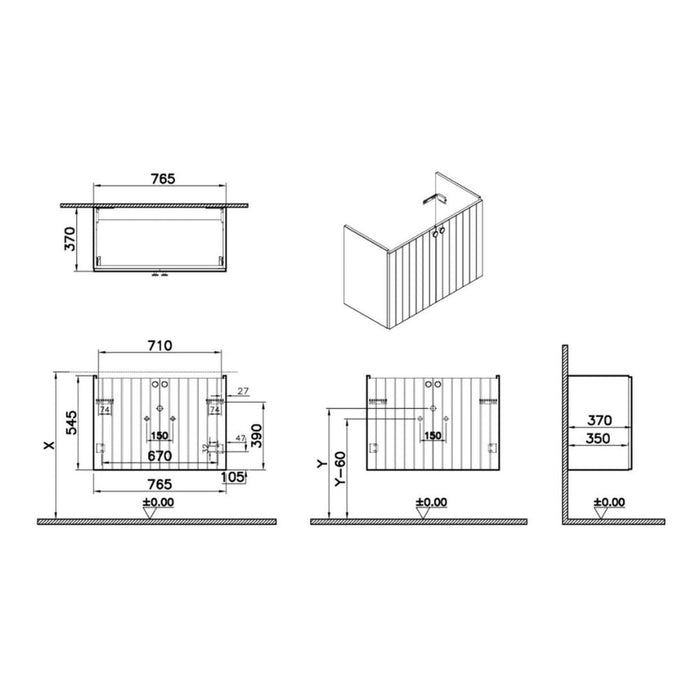 VitrA Root Groove 80cm 2 Door Wall Hung Slim Washbasin Unit - Unbeatable Bathrooms
