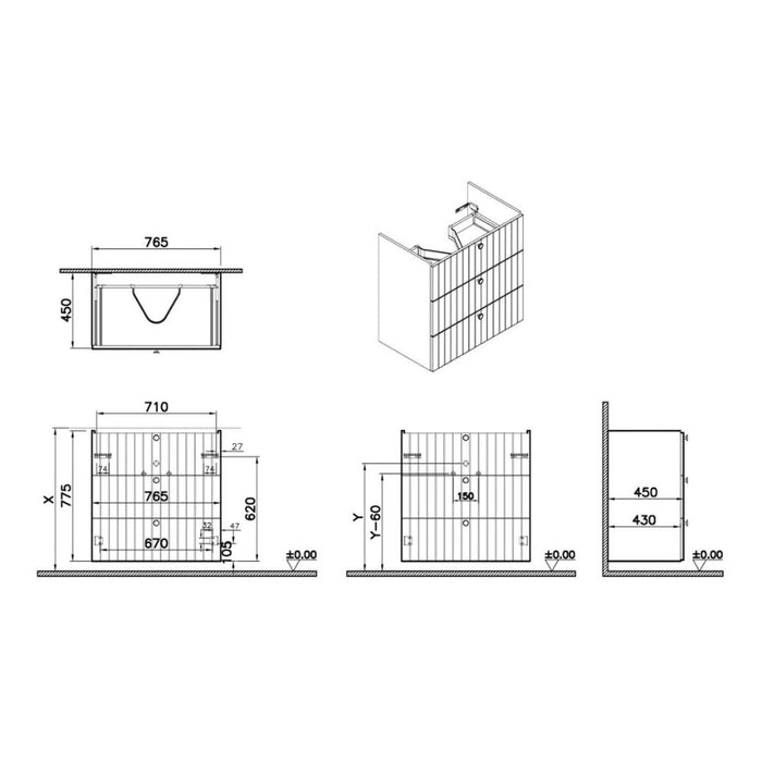 VitrA Root Groove 80cm 3 Drawer Washbasin Unit - Unbeatable Bathrooms