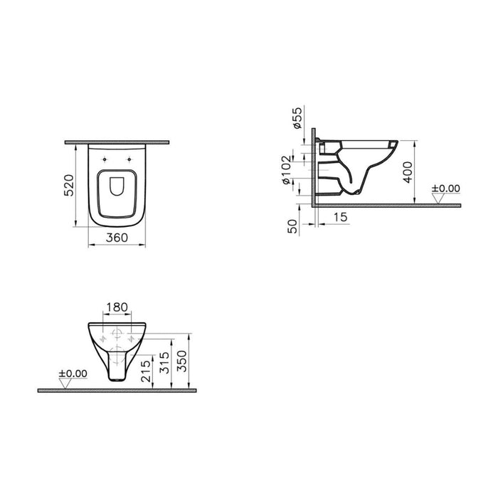 VitrA S20 350x360x520mm Wall Hung Pan Only - White - Unbeatable Bathrooms