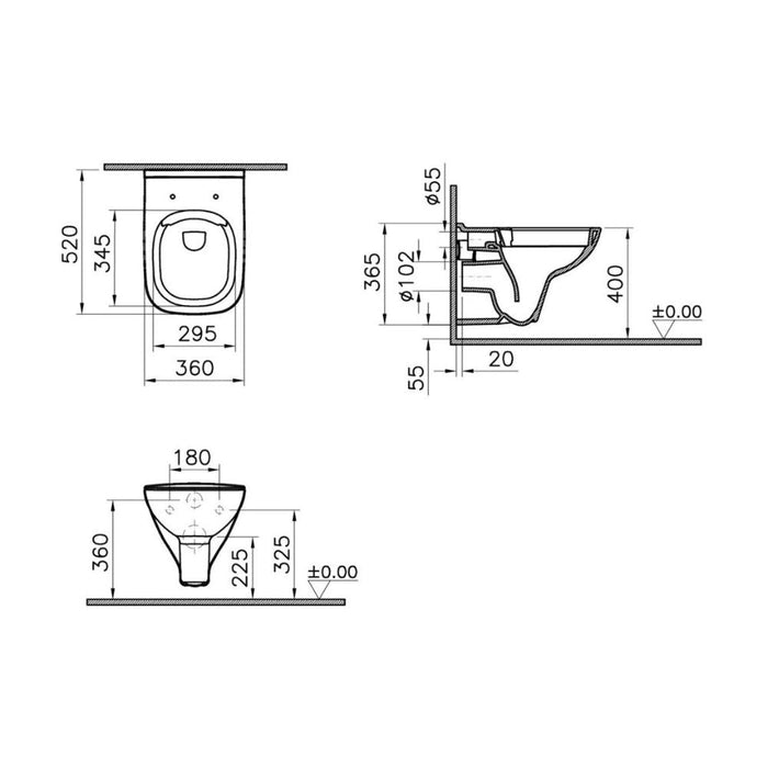VitrA S20 345x355x520mm Wall Hung Pan Only - White - Unbeatable Bathrooms