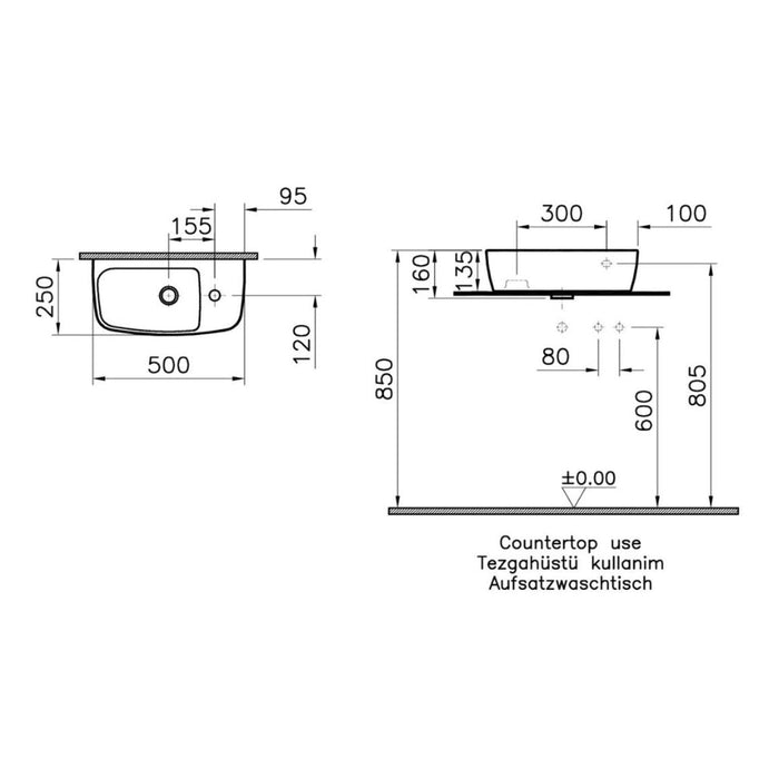 VitrA Shift 500x250mm 1TH Countertop Washbowl (RH) - White - Unbeatable Bathrooms
