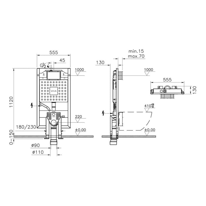 VitrA V-Fix Prime WH WC Frame & 8cm 3/6L Cistern (Floor Fix & Electric Connection) - Unbeatable Bathrooms