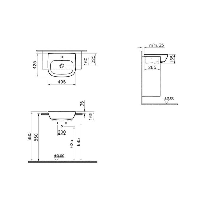 VitrA Zentrum 495x425mm 1TH Semi Recessed Basin - White - Unbeatable Bathrooms