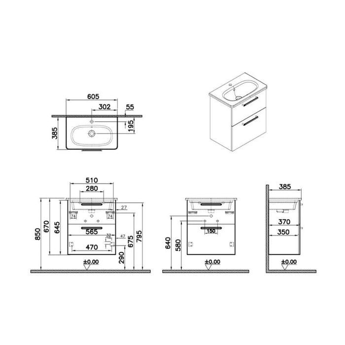VitrA Zentrum Compact 60cm 2 Drawer W/H Washbasin Unit - Unbeatable Bathrooms
