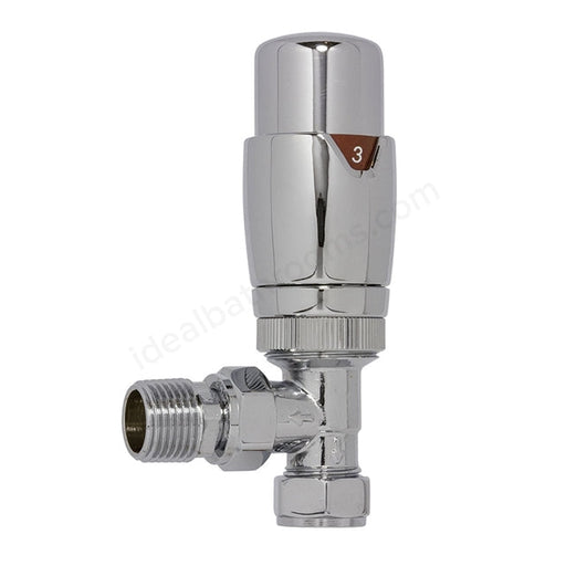 Essential Thermostatic Radiator Valves; Angled Valve; 15mm Pipe; Chrome - Unbeatable Bathrooms