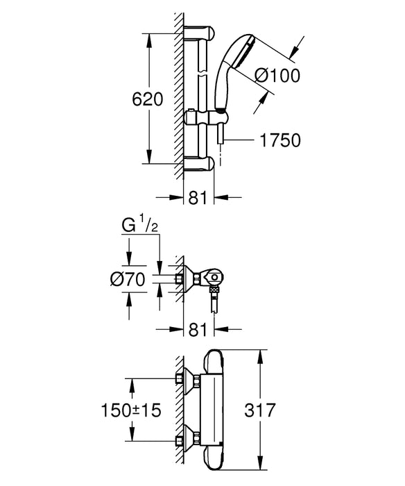 Grohtherm 1000 Thermostatic Shower Mixer 1/2" with Shower Set - Unbeatable Bathrooms