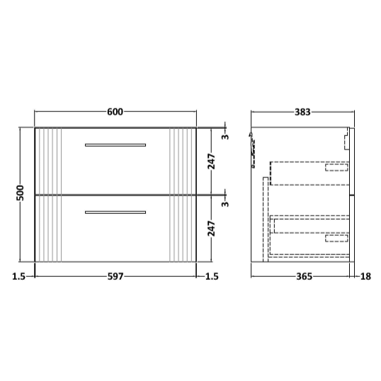 Nuie Deco 600mm Wall Hung 2 Drawer Fluted Vanity Unit & Worktop - Satin Anthracite - Unbeatable Bathrooms