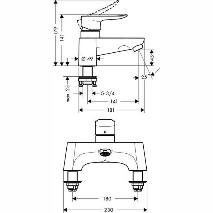 Hansgrohe Metris - 2-Hole Rim-Mounted Manual Single Lever Bath Mixer Lowpressure Min. 0.2 Bar - Unbeatable Bathrooms