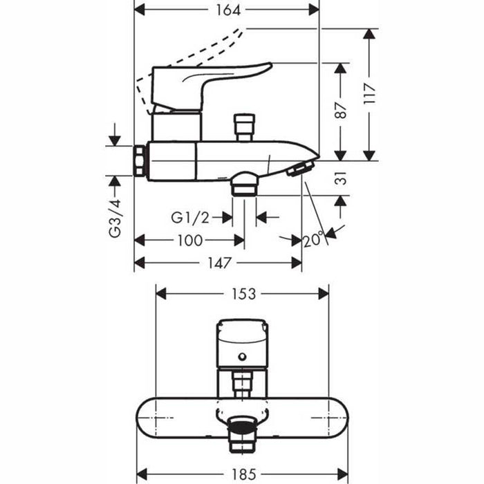 Hansgrohe Metris - Single Lever Manual Bath Mixer for Exposed Installation with Centre Distance 15.3cm - Unbeatable Bathrooms