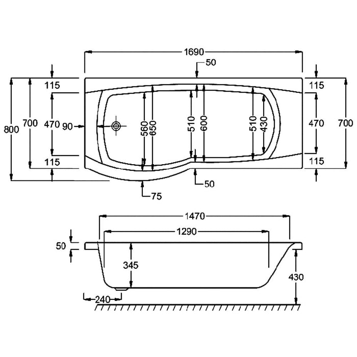 Carron Aspect 1700mm x 800mm Shower Bath - Unbeatable Bathrooms