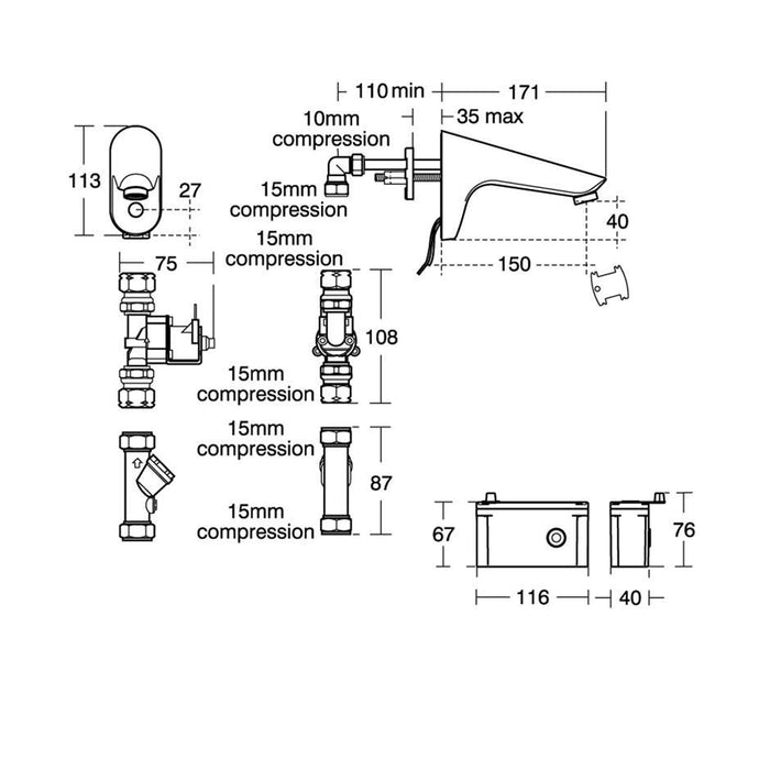 Armitage Shanks Sensorflow 21 Panel Mounted 15cm Cast Spout Integral Sensor, Flexible Inlet Tail, Solenoid Valve, Combined Servicing Valve and Filter Sensor and Solenoid Cables, Copper Tube Inlets, Link - Unbeatable Bathrooms
