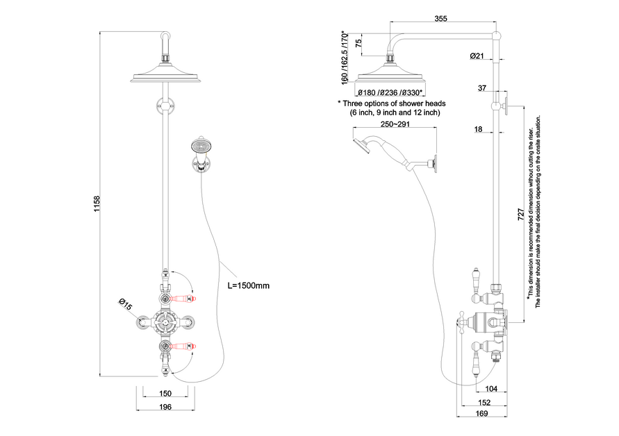 Burlington Avon Thermostatic Exposed Shower Valve Dual Outlet,Rigid Riser, Swivel Shower Arm, Handset & Holder with Hose with Rose - Unbeatable Bathrooms