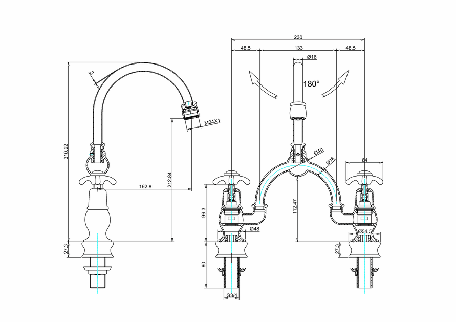 Burlington Anglesey 2 Tap Hole Regent Arch Mixer with Curved Spout (230mm centres) - Unbeatable Bathrooms