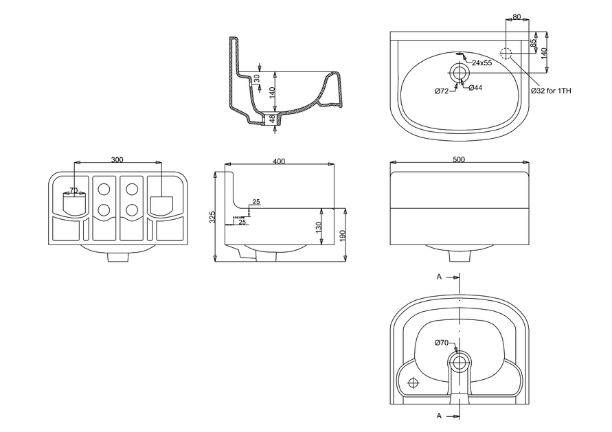 Burlington Arcade 500mm 1TH Wall Hung Cloakroom Basin (Right Hand with Overflow) - Unbeatable Bathrooms