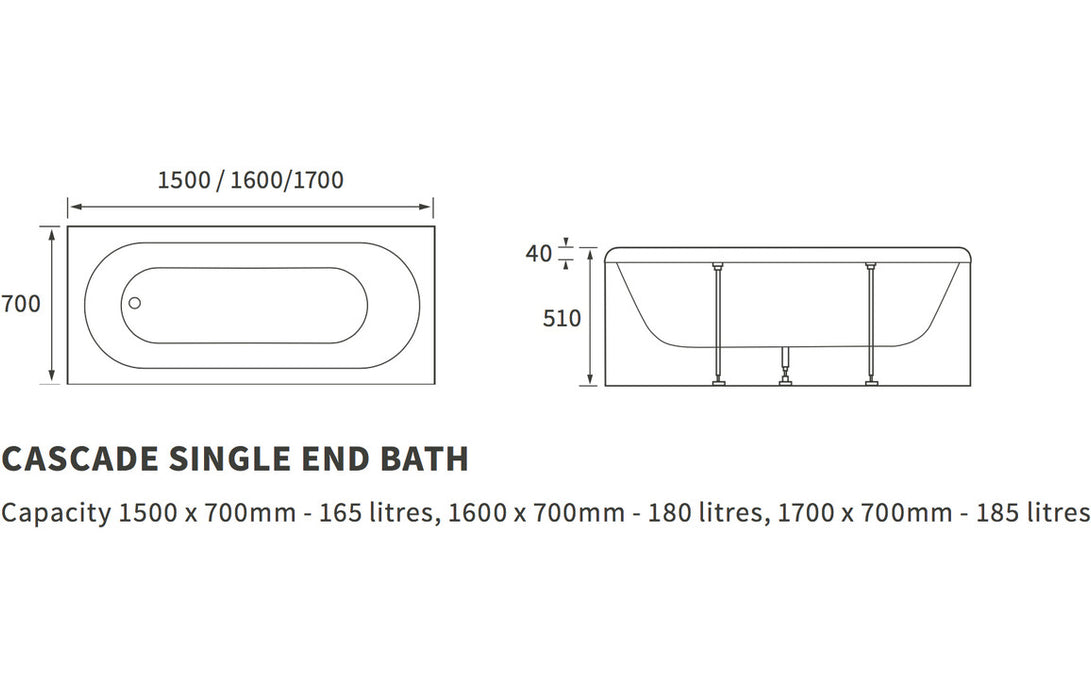 TrojanCast Cascade 1700 x 700mm Supercast Reinforced Single Ended Bath - Unbeatable Bathrooms