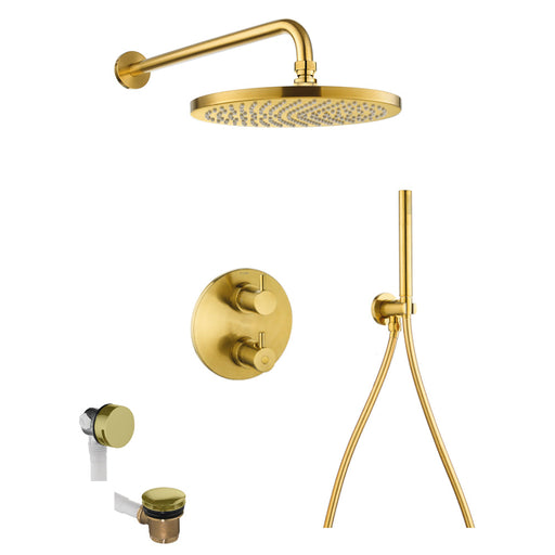 Flova Levo Thermostatic 3-Outlet Shower Valve with Fixed Head Hand Shower Kit and Bath Overflow Filler - Round - Unbeatable Bathrooms
