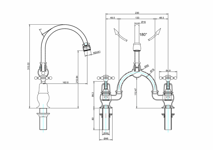 Burlington Birkenhead 2 Tap Hole Arch Mixer with Curved Spout (230mm centres) - Unbeatable Bathrooms