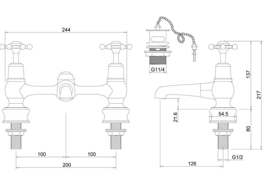 Burlington Birkenhead Regent 2 Tap Hole Bridge Basin Mixer with Plug & Chain Waste & Swivel Spout - Unbeatable Bathrooms