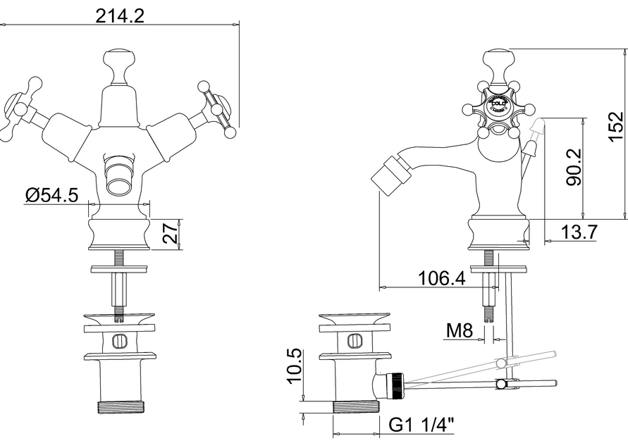 Burlington Birkenhead Regent Bidet Mixer with Pop-up Waste - Unbeatable Bathrooms