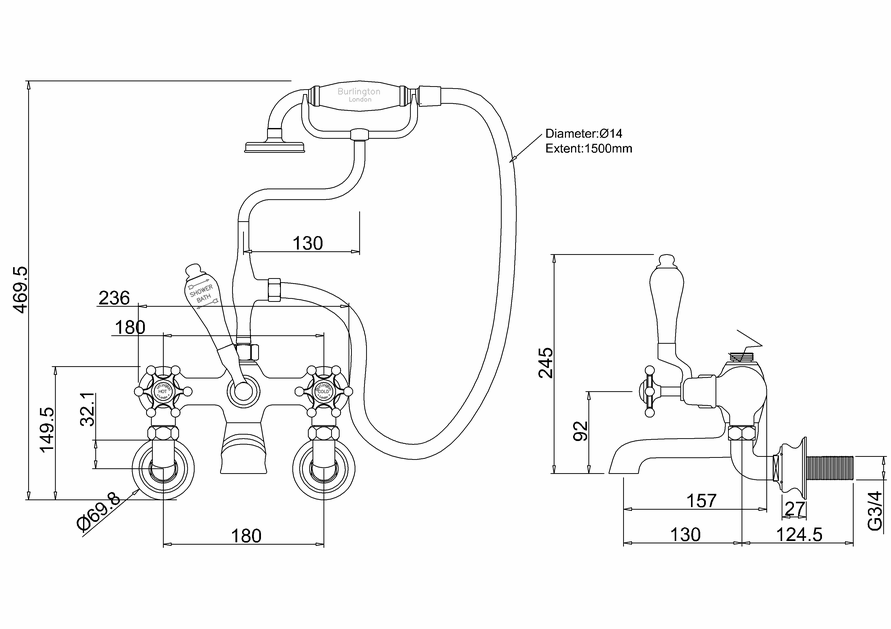 Burlington Birkenhead Regent Bath Shower Mixer Wall Mounted - Unbeatable Bathrooms