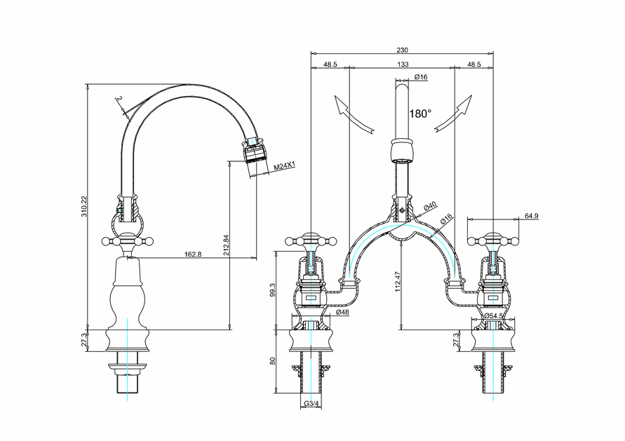 Burlington Birkenhead 2 Tap Hole Regent Arch Mixer with Curved Spout (230mm centres) - Unbeatable Bathrooms