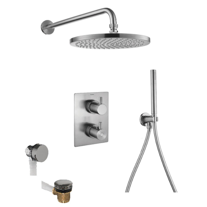 Flova Levo Thermostatic 3-Outlet Shower Valve with Fixed Head Hand Shower Kit and Bath Overflow Filler - Square - Unbeatable Bathrooms