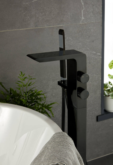 Vado Omika Noir Floor Standing Bath Shower Mixer + Shower Kit - Polished Black - Unbeatable Bathrooms