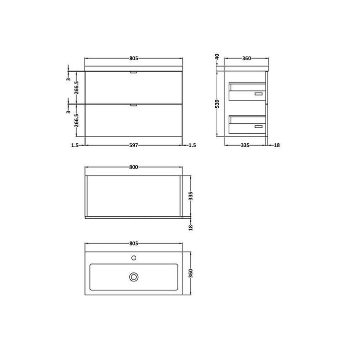 Hudson Reed Fusion Vanity Unit - Wall Hung 2 Drawer Unit with Basin - Unbeatable Bathrooms