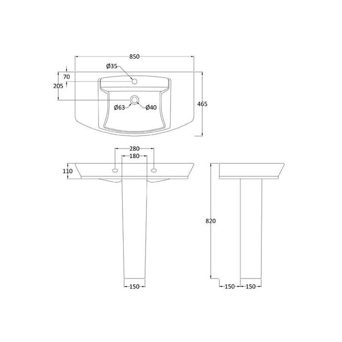 Hudson Reed Maya 85cm 1TH Pedestal Basin - Unbeatable Bathrooms