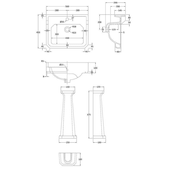 Hudson Reed Richmond Full Pedestal Basin - 1, 2 & 3TH (Various Sizes) - Unbeatable Bathrooms