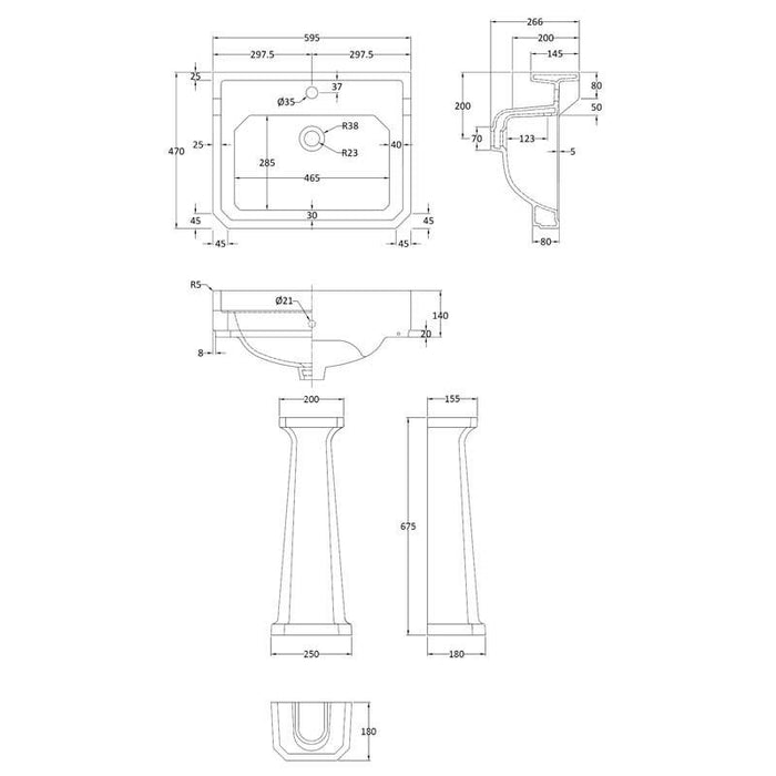 Hudson Reed Richmond Full Pedestal Basin - 1, 2 & 3TH (Various Sizes) - Unbeatable Bathrooms