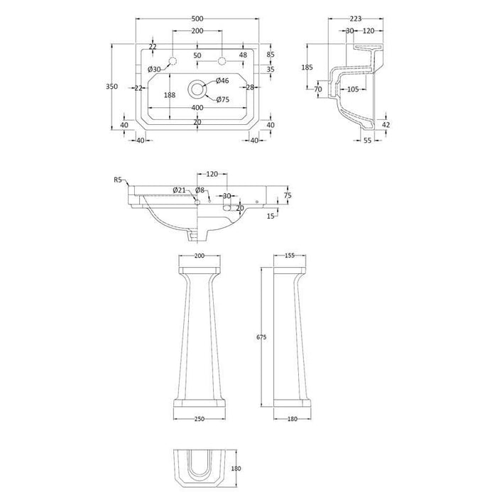 Hudson Reed Richmond Full Pedestal Basin - 1, 2 & 3TH (Various Sizes) - Unbeatable Bathrooms