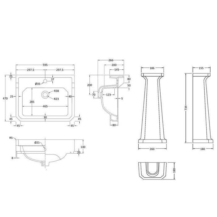Hudson Reed Richmond Full Pedestal Basin - 1, 2 & 3TH (Various Sizes) - Unbeatable Bathrooms