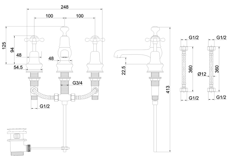 Burlington Birkenhead Regent 3 Tap Hole Mixer with Pop-up Waste - Unbeatable Bathrooms