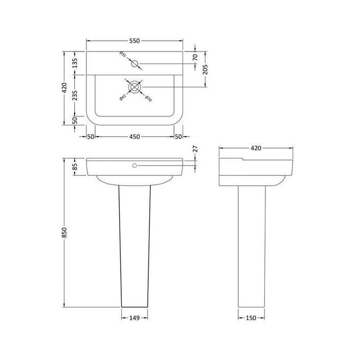Hudson Reed Arlo 550mm 1TH Full Pedestal Basin - Unbeatable Bathrooms