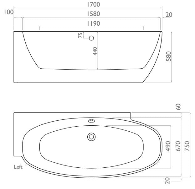 Waters Baths Coast 1700 x 750mm Corner / Freestanding Bath