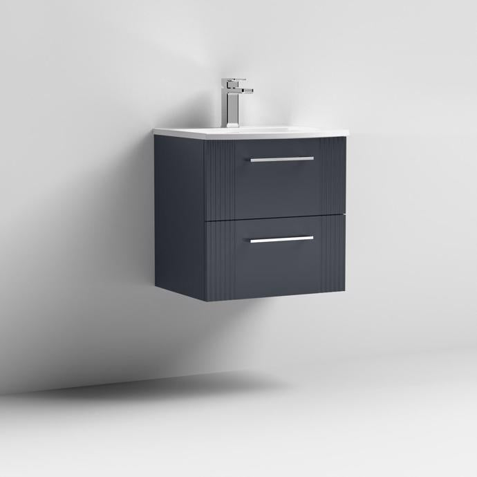 Nuie Deco 500mm Wall Hung 2 Drawer Fluted Vanity Unit & Basin - Satin Anthracite - Unbeatable Bathrooms