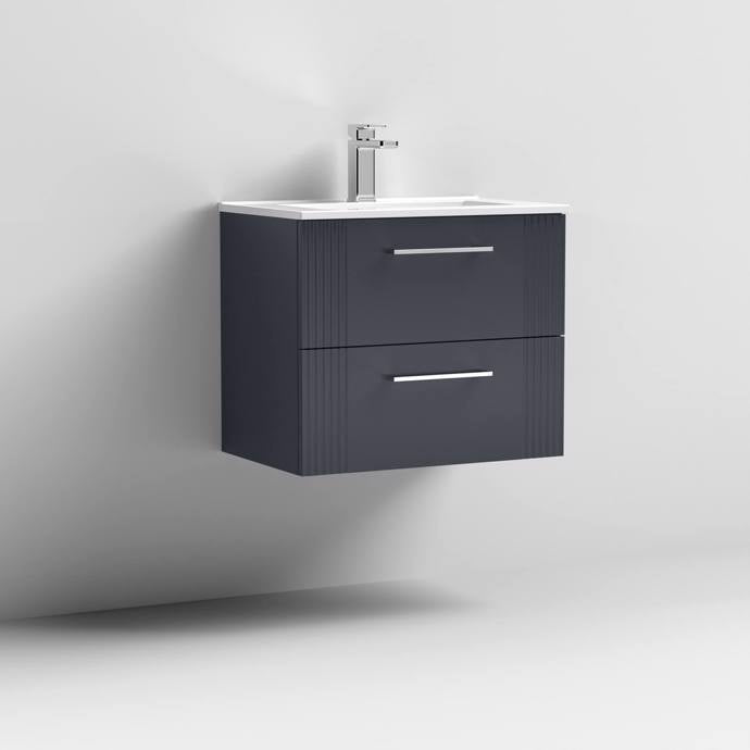 Nuie Deco 600mm Wall Hung 2 Drawer Fluted Vanity Unit & Basin - Satin Anthracite - Unbeatable Bathrooms