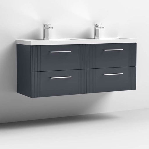 Nuie Deco 1200mm Wall Hung 4 Drawer Fluted Double Vanity Unit & Basins - Satin Anthracite - Unbeatable Bathrooms